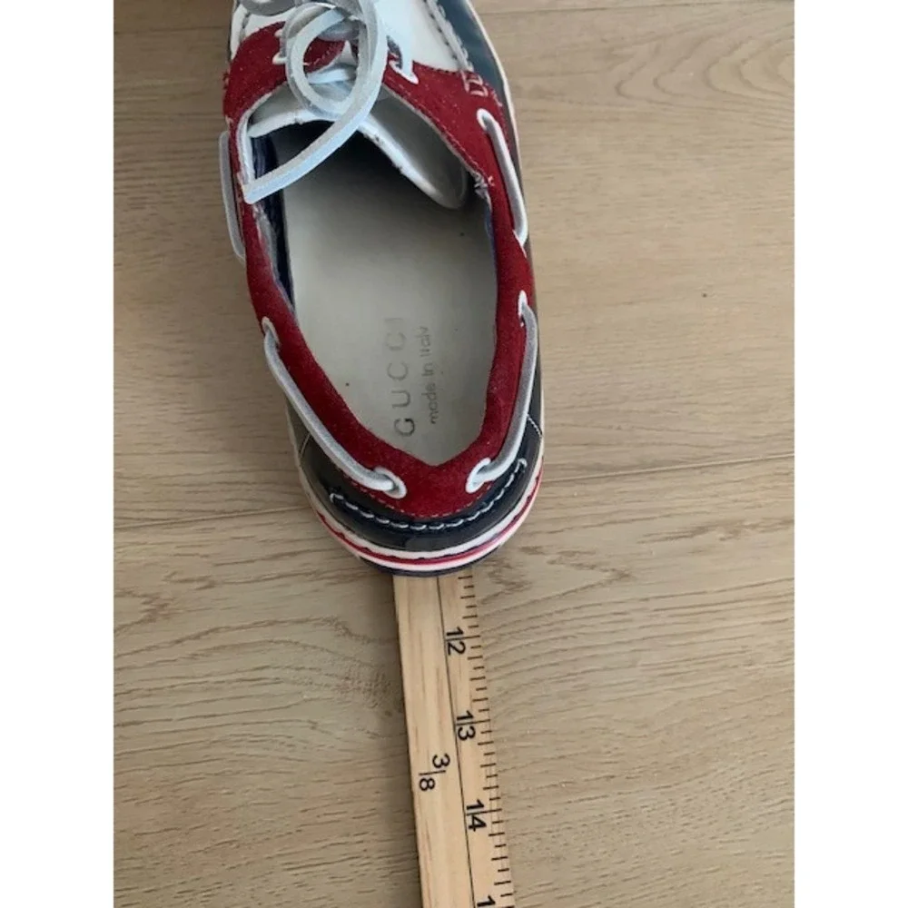 Gucci Mens Boat Shoes 232417 Red White Navy Patent Leather Suede Deck Shoes 9.5